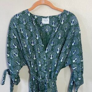 Mirth Handmade Cotton Peacock Print Midi Dress Tie Sleeve Belted Large Boho